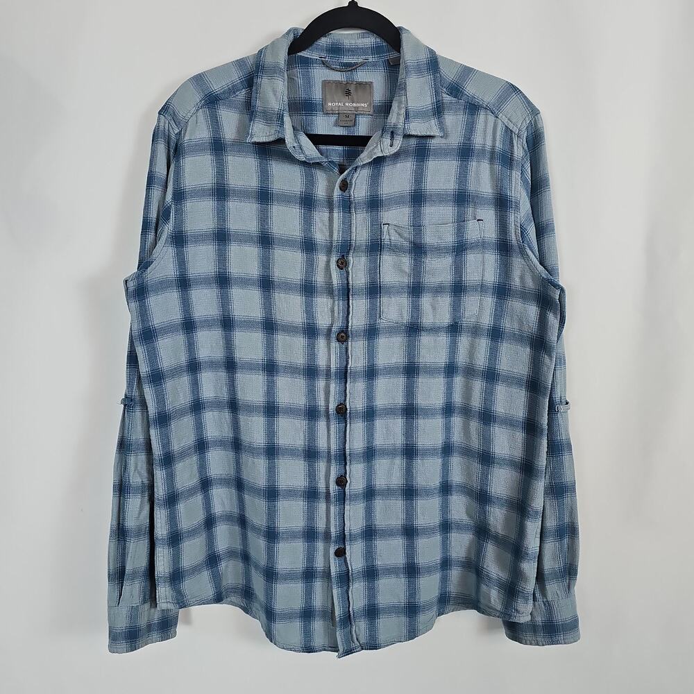 Royal Robbins Men's Medium Blue Plaid Flannel Button Up Long Sleeve Shirt Pocket